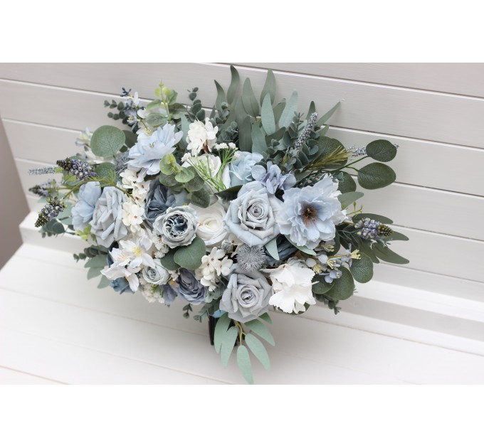 Dusty Blue & Sky Blue Bridal Bouquet | Peonies, Roses & Anemones with Sage Green for Boho Weddings