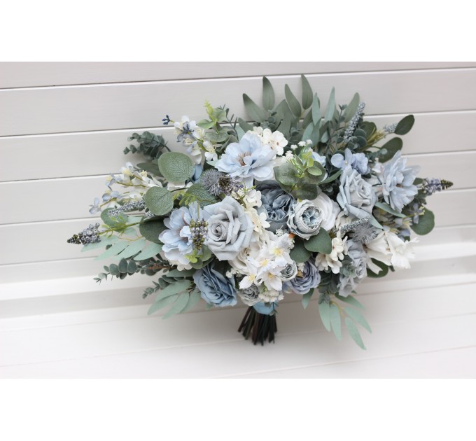 Dusty Blue & Sky Blue Bridal Bouquet | Peonies, Roses & Anemones with Sage Green for Boho Weddings