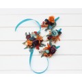 Wedding boutonnieres and wrist corsage in teal rust gold plum color scheme. Flower accessories. 5222