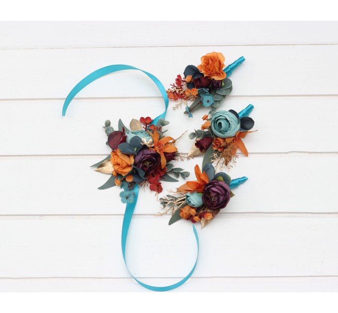 Wedding boutonnieres and wrist corsage in teal rust gold plum color scheme. Flower accessories. 5222
