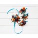Wedding boutonnieres and wrist corsage in teal rust gold plum color scheme. Flower accessories. 5222
