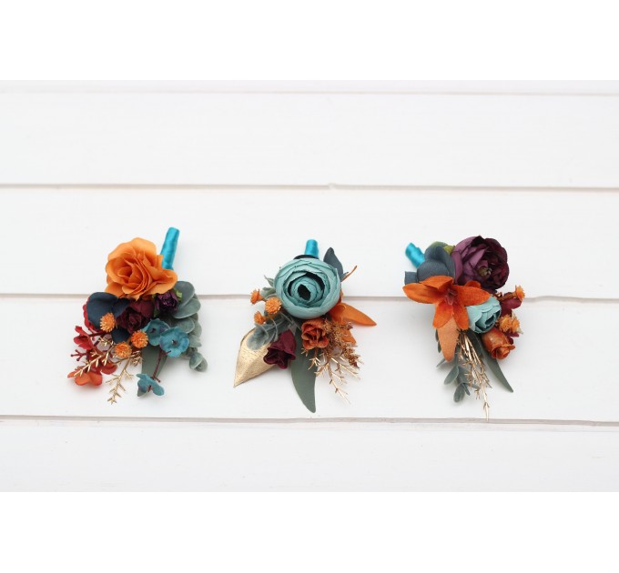 Wedding boutonnieres and wrist corsage in teal rust gold plum color scheme. Flower accessories. 5222