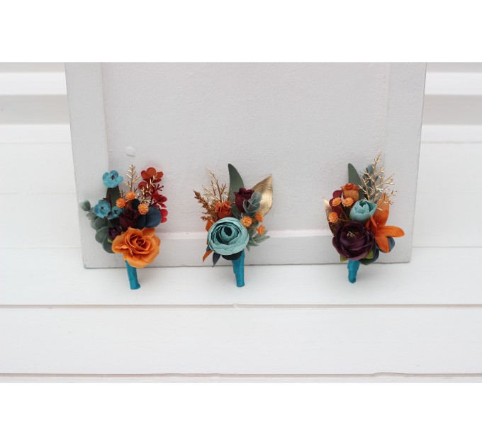 Wedding boutonnieres and wrist corsage in teal rust gold plum color scheme. Flower accessories. 5222