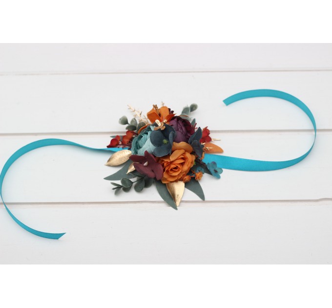 Wedding boutonnieres and wrist corsage in teal rust gold plum color scheme. Flower accessories. 5222