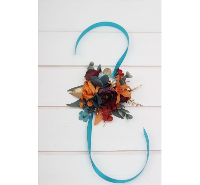 Wedding boutonnieres and wrist corsage in teal rust gold plum color scheme. Flower accessories. 5222