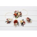 Wedding boutonnieres and wrist corsage in rust orange cream color scheme. Flower accessories. 5179
