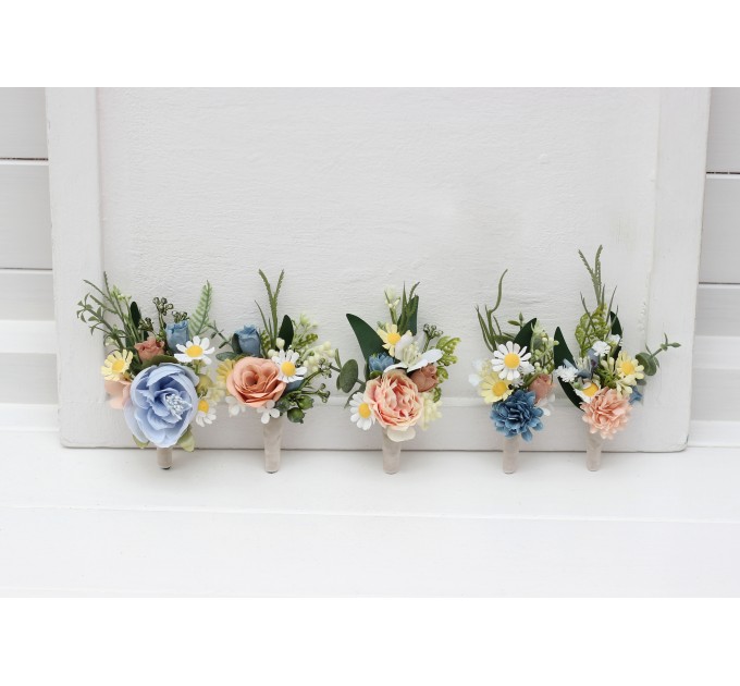 Wedding Boutonnieres & Wrist Corsage in Ivory, Yellow, Peach & Dusty Blue | Faux Flower Accessories