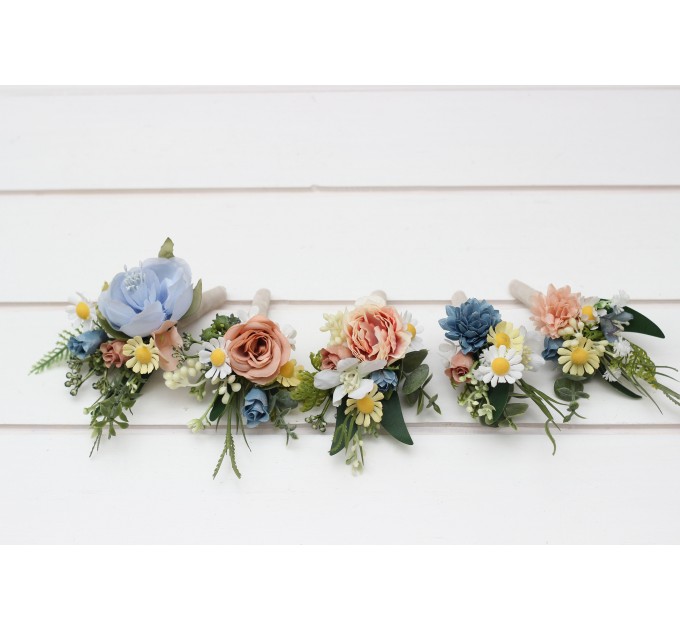 Wedding Boutonnieres & Wrist Corsage in Ivory, Yellow, Peach & Dusty Blue | Faux Flower Accessories