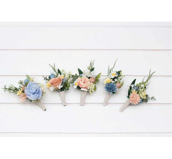 Wedding Boutonnieres & Wrist Corsage in Ivory, Yellow, Peach & Dusty Blue | Faux Flower Accessories
