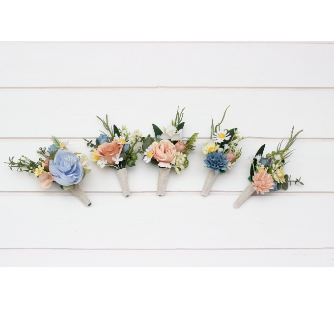 Wedding Boutonnieres & Wrist Corsage in Ivory, Yellow, Peach & Dusty Blue | Faux Flower Accessories