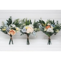 Mini bouquets for vases. Flowers for wedding decor. Ivory yellow peach dusty blue color scheme. 5247
