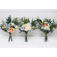 Mini bouquets for vases. Flowers for wedding decor. Ivory yellow peach dusty blue color scheme. Centerpiece. 5247