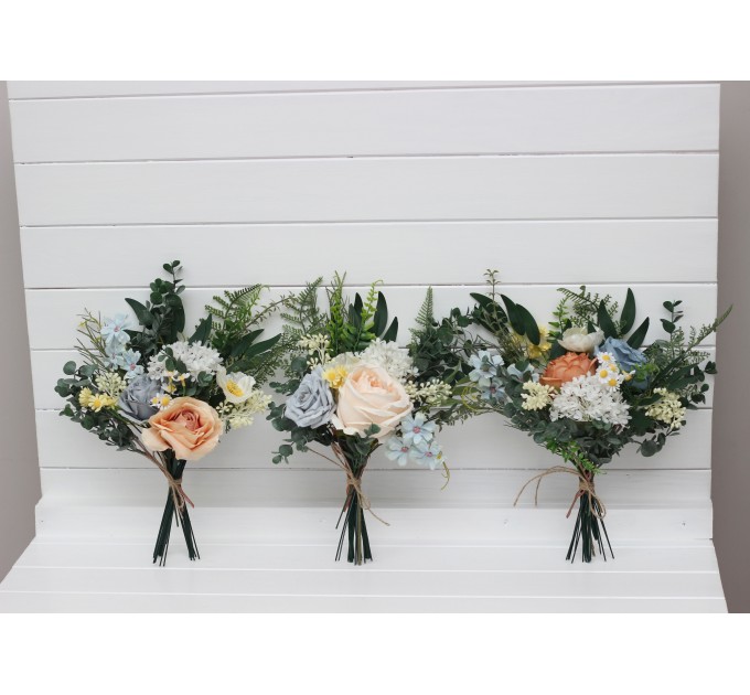 Mini bouquets for vases. Flowers for wedding decor. Ivory yellow peach dusty blue color scheme. Centerpiece. 5247