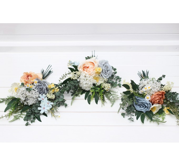 Mini bouquets for vases. Flowers for wedding decor. Ivory yellow peach dusty blue color scheme. Centerpiece. 5247