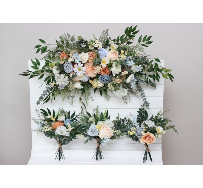 Mini bouquets for vases. Flowers for wedding decor. Ivory yellow peach dusty blue color scheme. Centerpiece. 5247