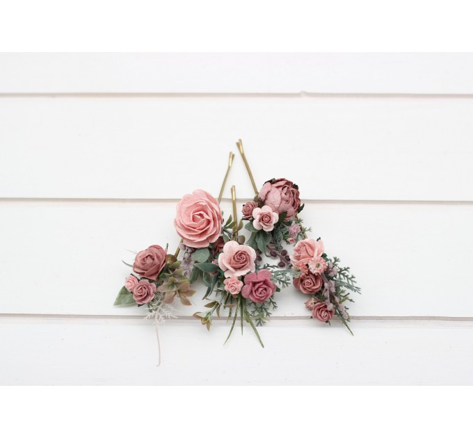 Set of 5 bobby pins in mauve blush pink color scheme. Hair accessories. Flower accessories for wedding. Gift for bridesmaid. 5298