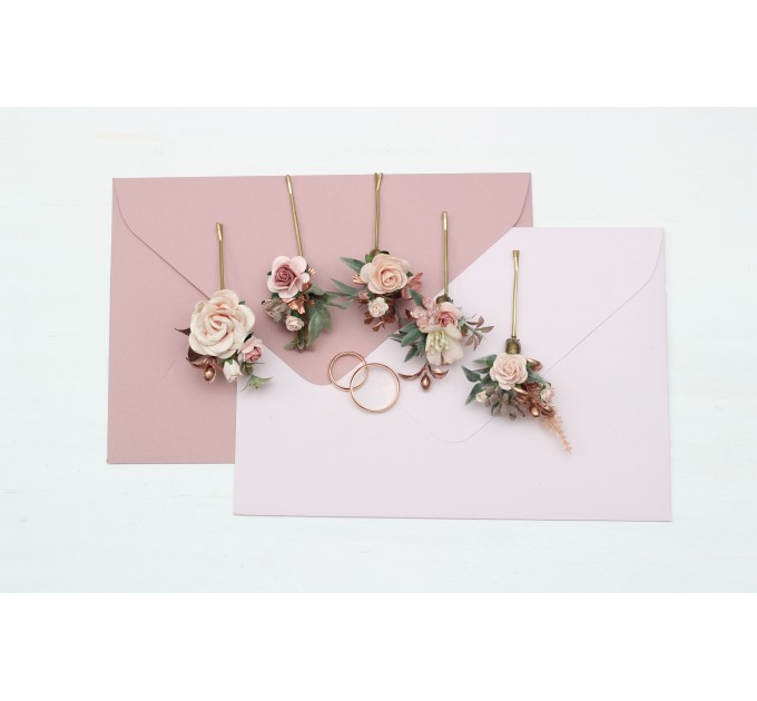Set of 5 bobby pins in blush pink golden rose color scheme. Hair accessories. Flower accessories for wedding. 5299