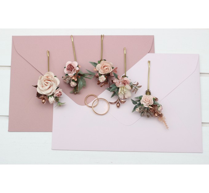 Set of 5 bobby pins in blush pink golden rose color scheme. Hair accessories. Flower accessories for wedding. 5299
