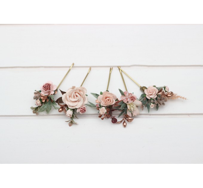Set of 5 bobby pins in blush pink golden rose color scheme. Hair accessories. Flower accessories for wedding. 5299