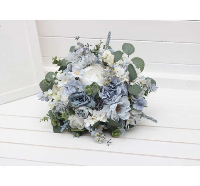 Dusty Blue & Sky Blue Bridal Bouquet | Peonies, Roses & Anemones with Sage Green for Boho Weddings