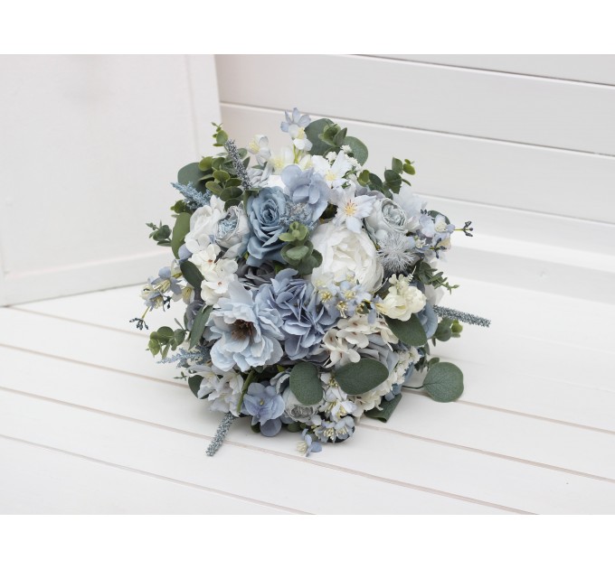 Dusty Blue & Sky Blue Bridal Bouquet | Peonies, Roses & Anemones with Sage Green for Boho Weddings