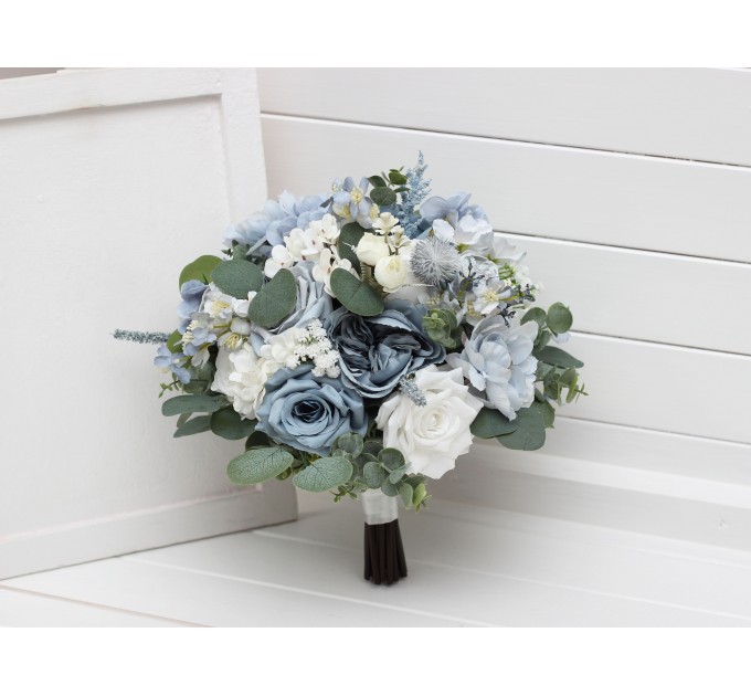 Dusty Blue & Sky Blue Bridal Bouquet | Peonies, Roses & Anemones with Sage Green for Boho Weddings
