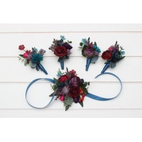  Wedding boutonnieres and wrist corsage. Flower accessories. Purple magenta accessories .Burgundy teal flowers. 5297