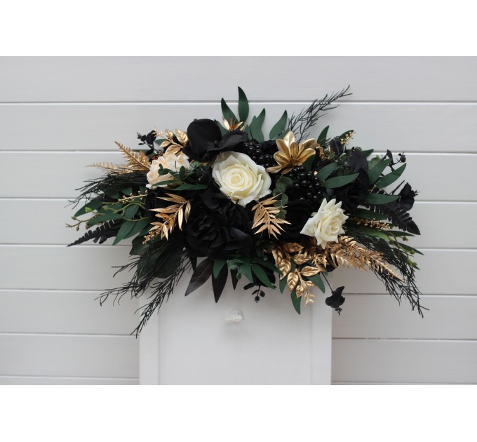 Flower Arch Arrangement in Hunter Green, Ivory, Black, and Gold