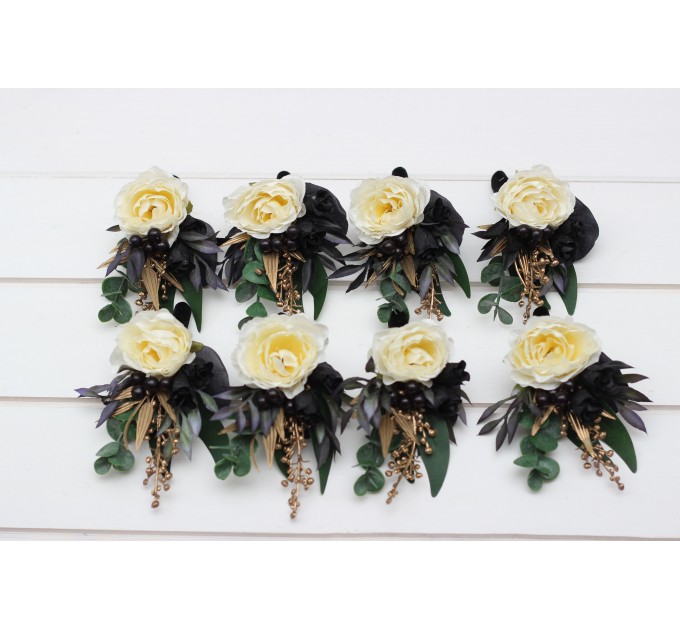 Wedding Boutonnieres and Wrist Corsages in Hunter Green, Ivory, Black, and Gold
