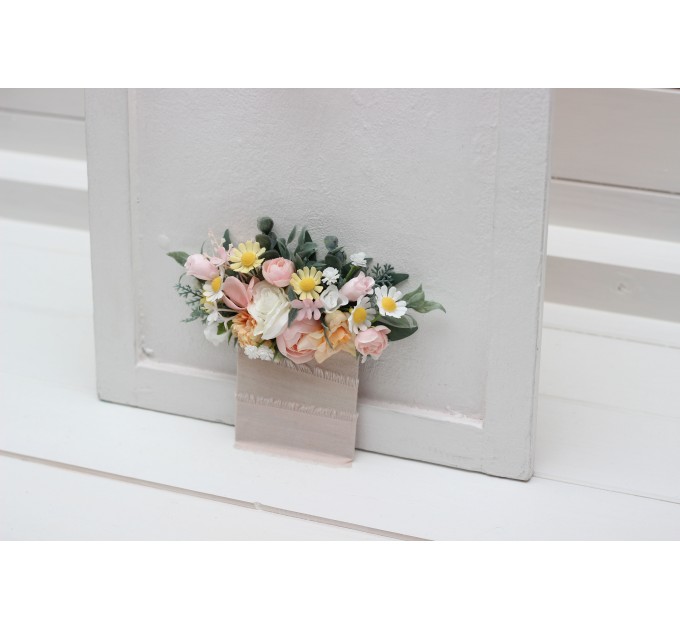 Pocket boutonniere in blush pink white peach yellow color scheme. Flower accessories. Pocket flowers. Square flowers. 5301