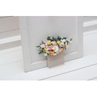 Pocket boutonniere in blush pink white peach yellow color scheme. Flower accessories. Pocket flowers. Square flowers. 5301