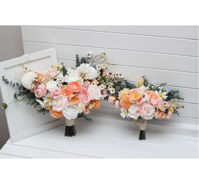 Wedding Bouquets in Blush Pink, White, Peach & Yellow | Faux Bridal & Bridesmaid Bouquets
