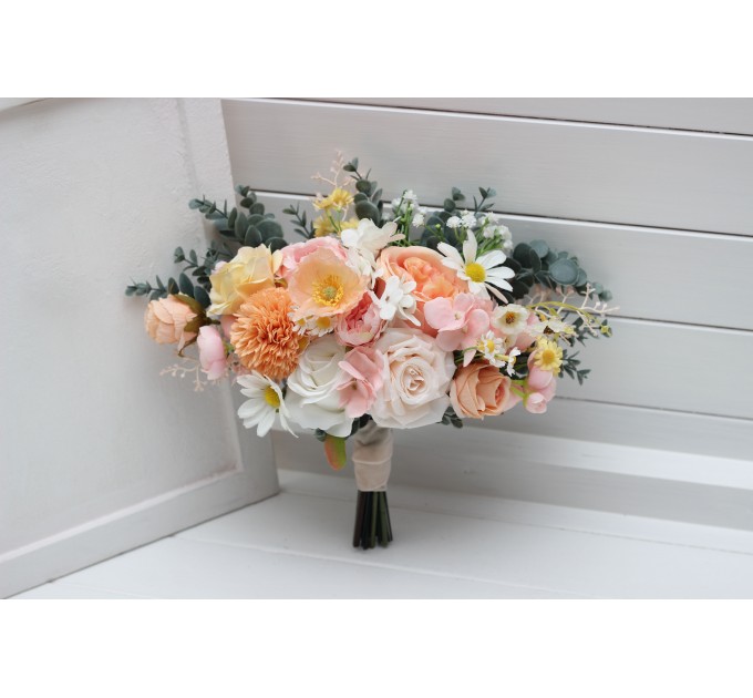 Bouquets in blush pink white peach yellow color theme. Bridal bouquet. Faux bouquet. Bridesmaid bouquet. 5301