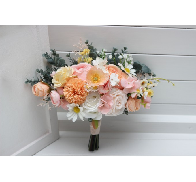 Bouquets in blush pink white peach yellow color theme. Bridal bouquet. Faux bouquet. Bridesmaid bouquet. 5301