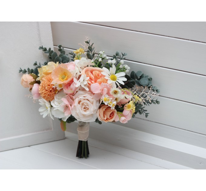 Bouquets in blush pink white peach yellow color theme. Bridal bouquet. Faux bouquet. Bridesmaid bouquet. 5301