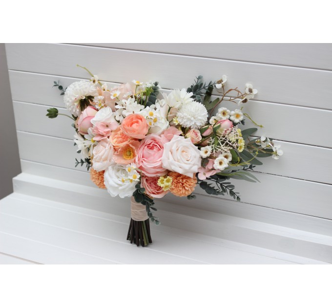 Bouquets in blush pink white peach yellow color theme. Bridal bouquet. Faux bouquet. Bridesmaid bouquet. 5301