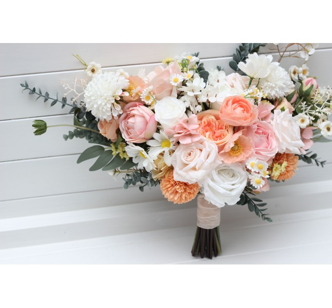 Bouquets in blush pink white peach yellow color theme. Bridal bouquet. Faux bouquet. Bridesmaid bouquet. 5301