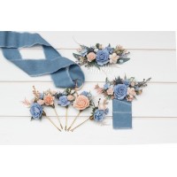 Flower comb in dusty blue peach blush pink color scheme. Wedding accessories for hair. Bridal flower comb. Bridesmaid floral comb. 5302