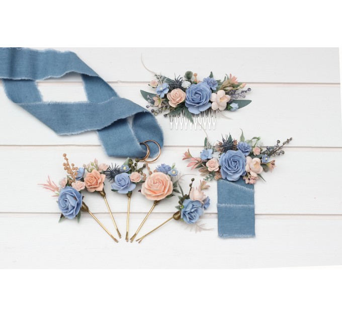 Flower comb in dusty blue peach blush pink color scheme. Wedding accessories for hair. Bridal flower comb. Bridesmaid floral comb. 5302