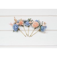  Set of  5 bobby pins in  dusty blue peach blush pink color scheme. Hair accessories. Flower accessories for wedding.  5302