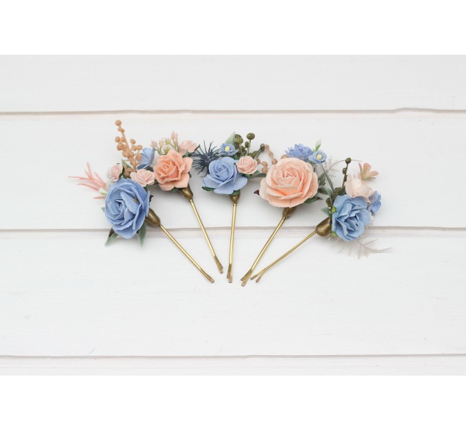  Set of  5 bobby pins in  dusty blue peach blush pink color scheme. Hair accessories. Flower accessories for wedding.  5302