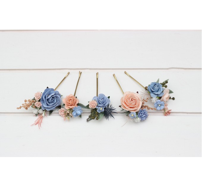 Set of 5 bobby pins in dusty blue peach blush pink color scheme. Hair accessories. Flower accessories for wedding. 5302