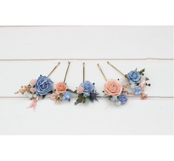  Set of  5 bobby pins in  dusty blue peach blush pink color scheme. Hair accessories. Flower accessories for wedding.  5302