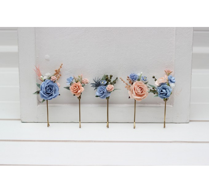  Set of  5 bobby pins in  dusty blue peach blush pink color scheme. Hair accessories. Flower accessories for wedding.  5302