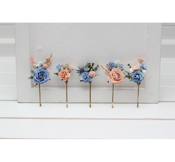 Set of 5 bobby pins in dusty blue peach blush pink color scheme. Hair accessories. Flower accessories for wedding. 5302