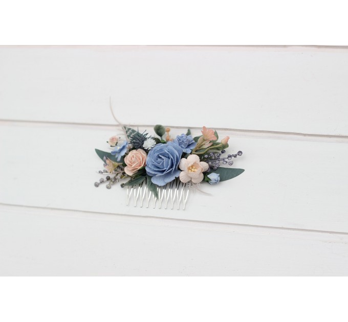 Flower comb in dusty blue peach blush pink color scheme. Wedding accessories for hair. Bridal flower comb. Bridesmaid floral comb. 5302