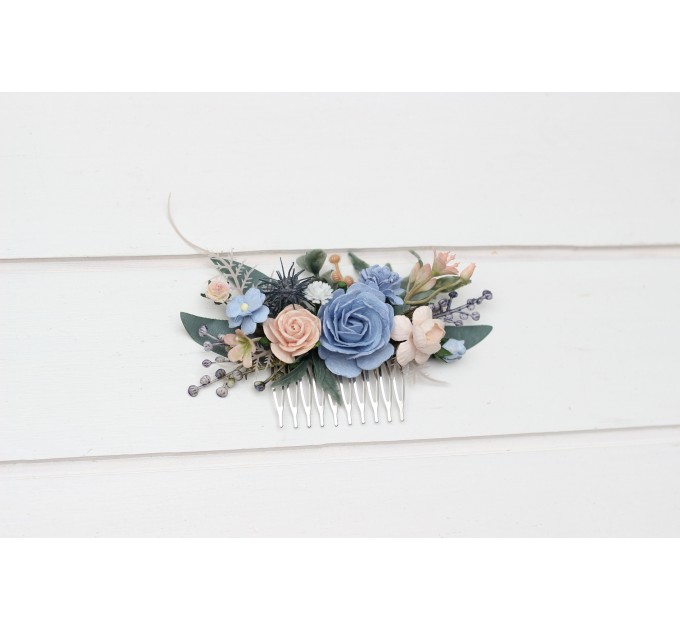 Flower comb in dusty blue peach blush pink color scheme. Wedding accessories for hair. Bridal flower comb. Bridesmaid floral comb. 5302