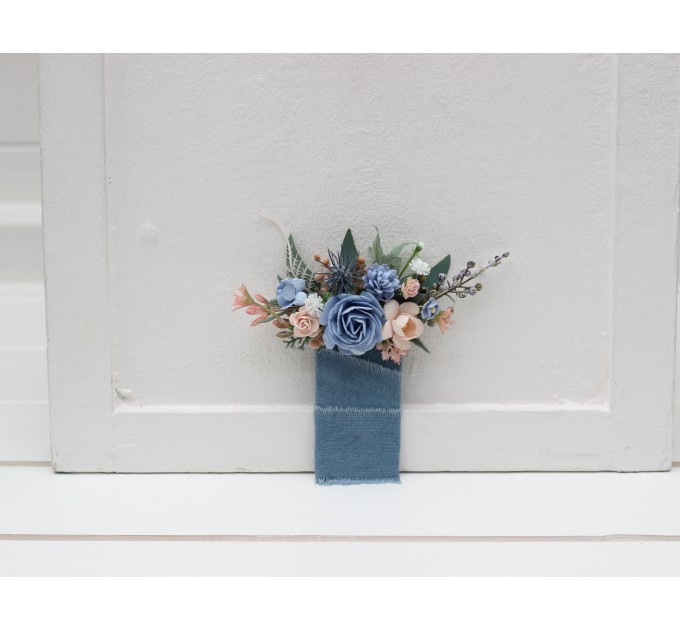 Dusty blue and peach pocket flowers. Pocket boutonniere. Flower accessories. Square flowers. 5302