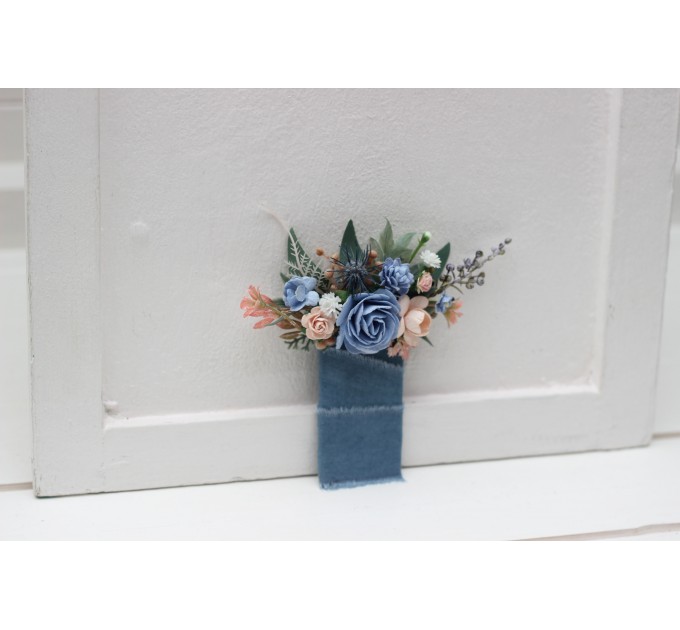 Dusty blue and peach pocket flowers. Pocket boutonniere. Flower accessories. Square flowers. 5302