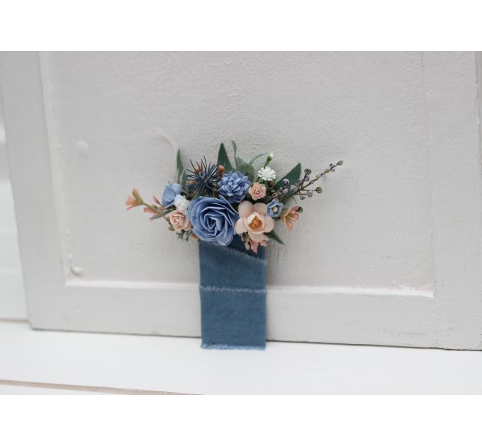 Dusty blue and peach pocket flowers. Pocket boutonniere. Flower accessories. Square flowers. 5302